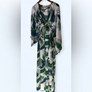 L'atsite By Amy Blue Green Bold Floral Boho Maxi Dress Kaftan Women's Small